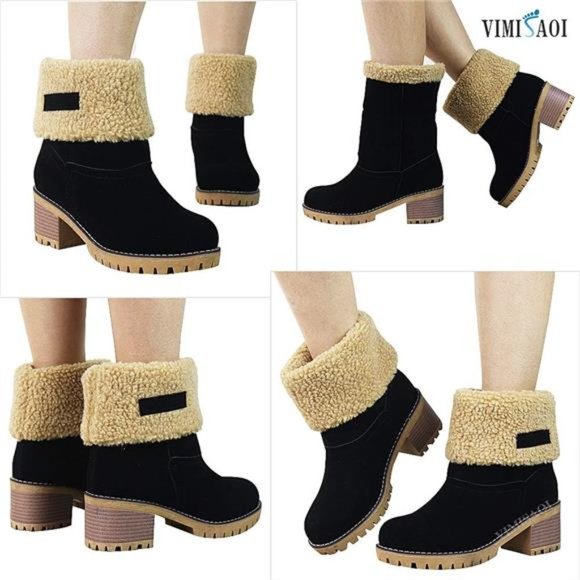 Women's Winter Boots Slip On Mid Chunky Heel Suede Warm Snow Ankle Boots, Black - Picture 4 of 5